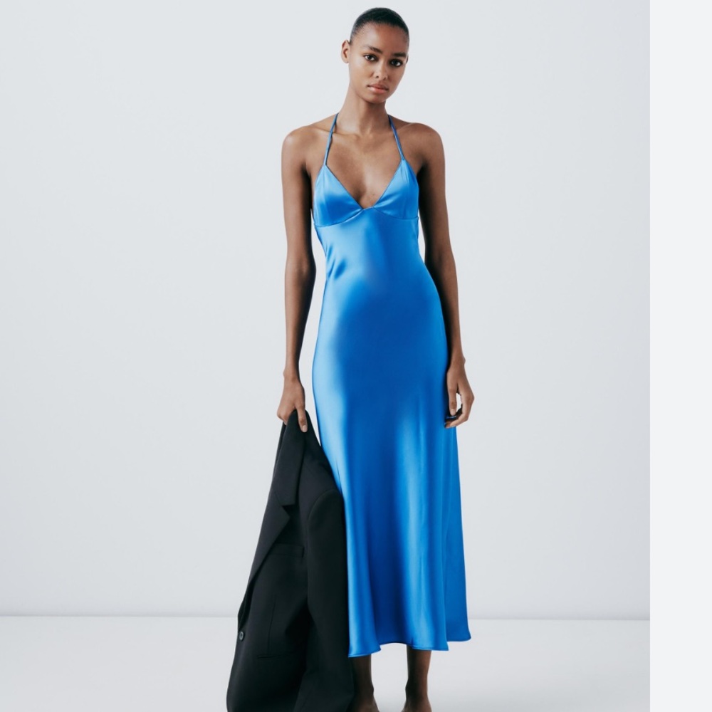Zara NWT satin effect backless blue slip dress 2255/331